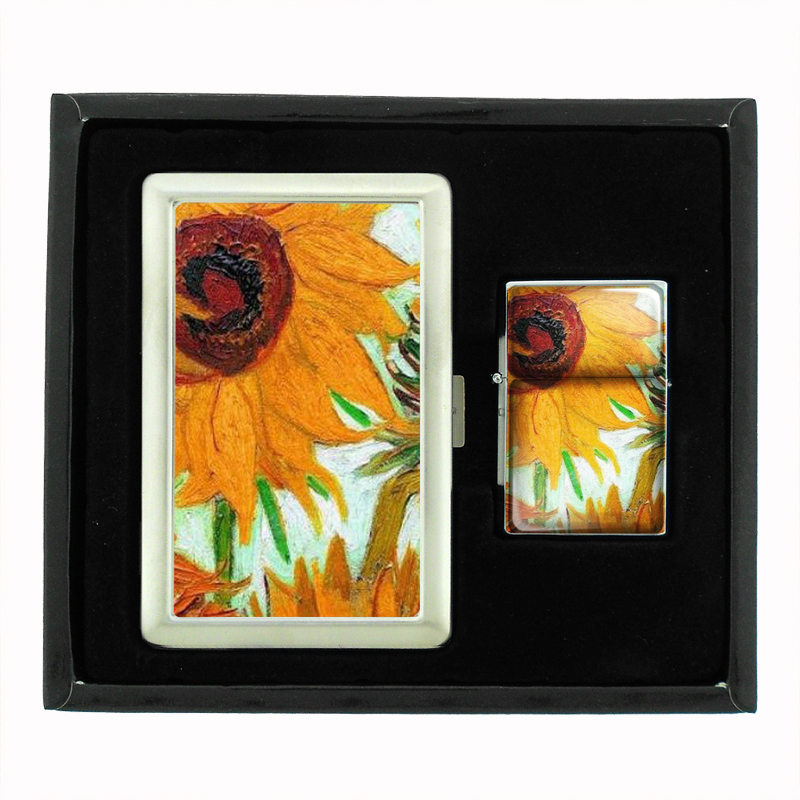 Vincent Van Gogh Sunflowers Cigarette Case Oil Lighter Set 007