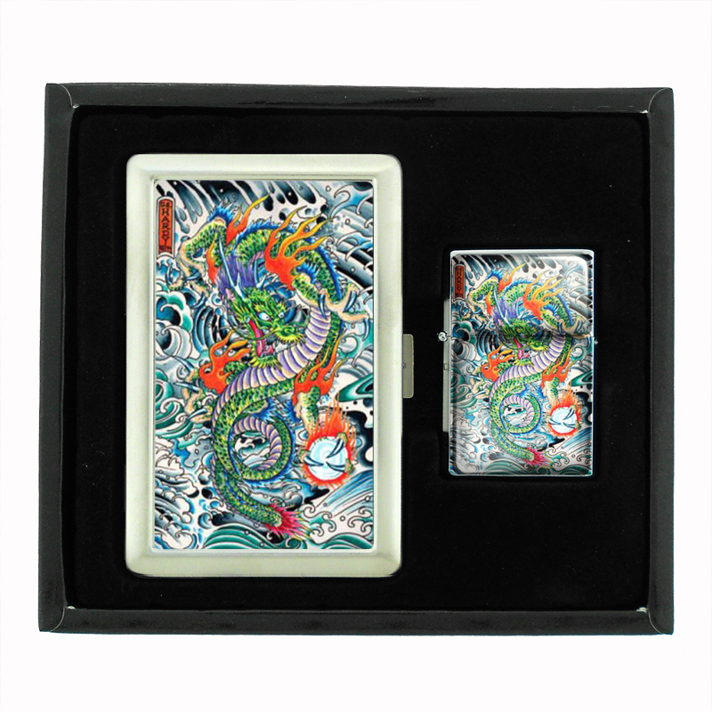 Tattoo Dragon Asian Great Art Cigarette Case Oil Lighter Set 046