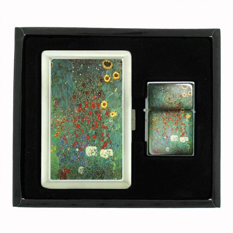 Gustav Klimt Garden Sunflowers Cigarette Case Oil Lighter Set 012