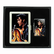 Elvis Presley Photo With Guitar Cigarette Case Oil Lighter Set 182 - £12.17 GBP