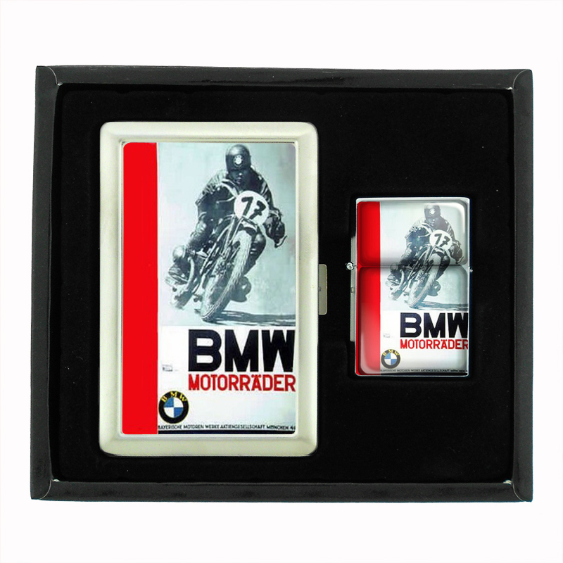 BMW Motorcycle Vintage Poster Cigarette Case Oil Lighter Set 247