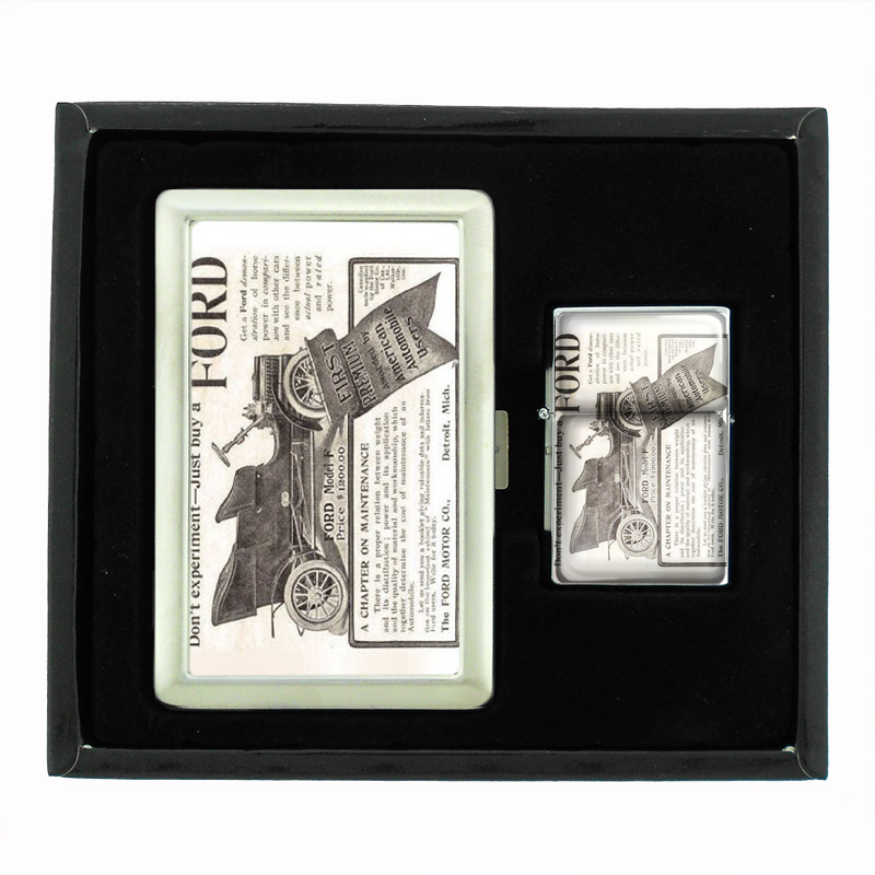 Ford Motor Company Very Old Ad Cigarette Case Oil Lighter Set 329
