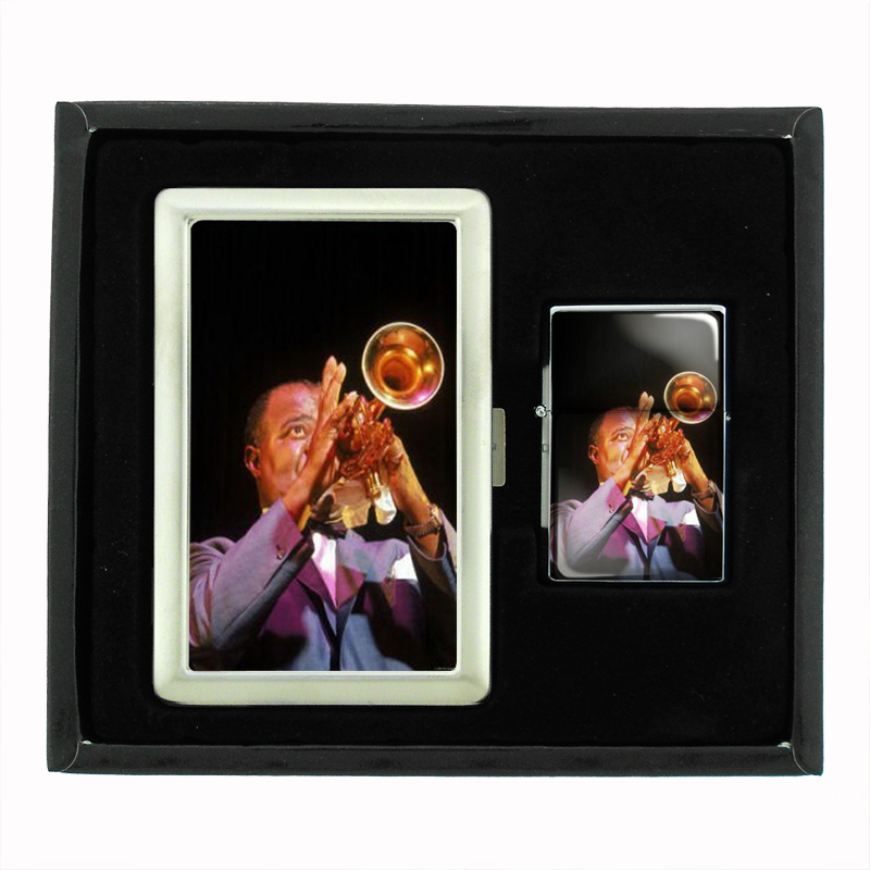 Louis Armstrong With Trumpet Cigarette Case Oil Lighter Set 332
