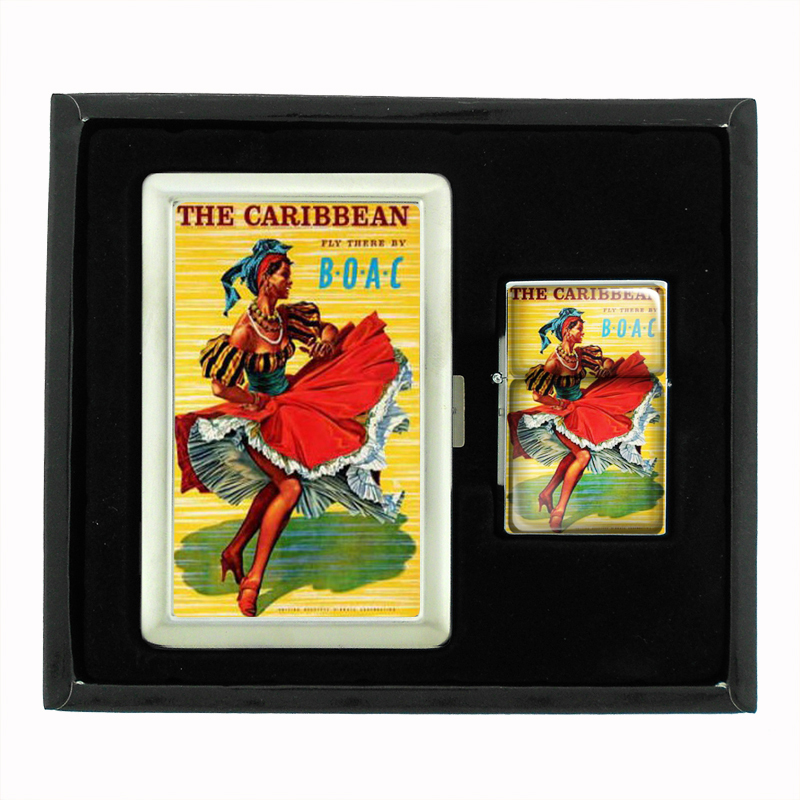 Caribbean Vintage Travel Poster Cigarette Case Oil Lighter Set 387