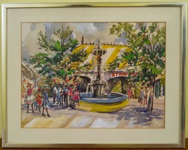 Colorful Fountain Street Scene Print Framed Matted hk - £46.59 GBP