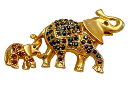 Brooch Elelphant Gold Tone Baby Calf Mother Rhinestone Crystal Pin 2 1/2&quot; Long - £10.37 GBP