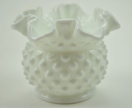 Fenton Art Glass Hobnail Milk Glass Double Crimped Vase 3&quot; Tall Vintage Decor - £11.24 GBP