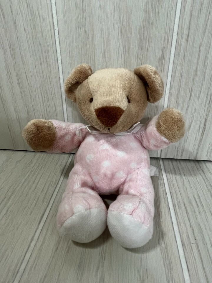 Animal Alley Toys R Us mini tan beige teddy bear pink white polka dots baby toy - $8.01