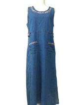 Vintage 90s Jane Ashley Denim Midi Jumper Shift Dress M Blue Cotton Embroidered - £26.69 GBP