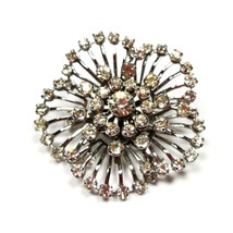 Brooch Large Clear Rhinestone Pin 1.7&quot; Prong Set Pin Wheel Flower Vintage - $22.00