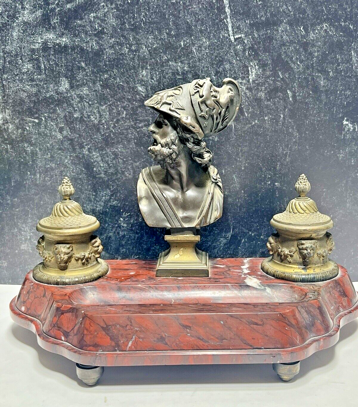 Bronze & Carved Red Marble Double Inkwell Stand Pen Stand Bust Trojan Hero Ajax - $668.25