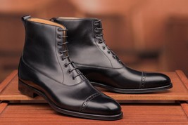Handmade Men’s Balmoral Black Cowhide Leather Ankle High Cap Toe Lace Up Boots - £119.42 GBP+