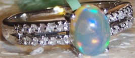 White Ethiopian Opal Oval &amp; Diamond Ring, Silver, Size 6, 0.63(Tcw) (0.10 Dia) - £55.35 GBP