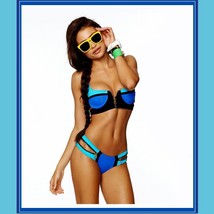 Striped Un-Zip Bandage Style Pushup Bikini Summer Swimsuit Cool Blue Hot Orange
