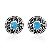 Intricately Decorated Swirls &amp; Blue Turquoise Sterling Silver Stud Earrings - £12.72 GBP