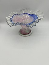 Hand-Blown Clear Pink Blue Green Pedestal Bowl Ruffled Fancy Edging Art Glass - £29.86 GBP