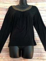 Chicos Womens SZ 2 M Black Long Sleeve Sequined Neckline Top Blouse Rayo... - £12.69 GBP