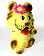 Vintage Flocked &quot;Flower Child&quot; Wagging Tongue Lion 7&quot; Piggy Bank w/ Stopper - $37.07