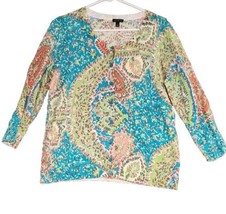 Talbots Cardigan Sweater Large Paisley Floral Knit Green Blue Pink Light... - £15.94 GBP
