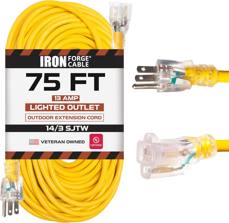 75 Foot Lighted Outdoor Extension Cord - 14/3 SJTW Heavy Duty Yellow Ext... - $105.92