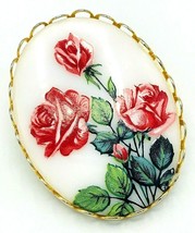 Vintage Mid Century Hand Painted Rose Flower Milk Glass Brooch Pin - £20.57 GBP