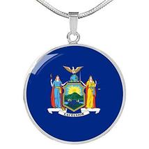 Express Your Love Gifts New York State Flag Necklace Engraved 18k Gold Circle Pe - £54.23 GBP