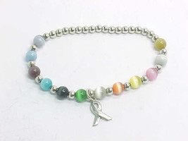 Colorful CAT&#39;S EYE Breast Cancer Awareness BRACELET in STERLING Silver  ... - £30.36 GBP