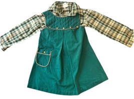 Vintage 70’s Girls Dress Size 5T Corduroy Overall Dress With Plaid Shirt- - $39.19