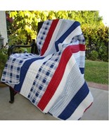NAUTICAL STRIPE  QUILTED AFGHAN THROW COASTAL  RED WHITE AND BLUE - $69.99