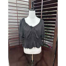 Old Navy Blouse Women&#39;s L Black Solid Short Sleeve Puff Scoop Neck Smocked - £11.00 GBP