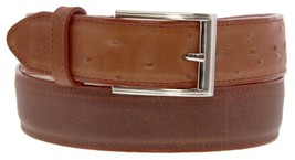 Cognac Western Cowboy Leather Belt Ostrich Quill Pattern Overlay Silver Buckle - £23.69 GBP