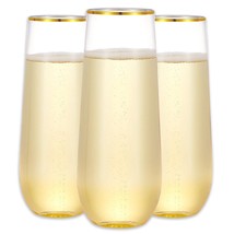 12 Pack Plastic Champagne Flutes, 9 Oz Stemless Disposable Gold Rim Toasting Gla - £24.20 GBP