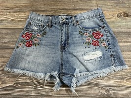 Hippie Laundry Vintage Hi-Rise Denim Shorts Floral Embroidery Raw Hem Si... - £8.60 GBP