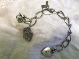 Sterling Charm Bracelet with Heart Lock, Heart with Key and 1947 YMCA Charm - £67.27 GBP