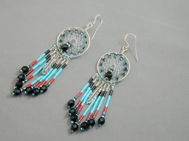 Gorgeous Sterling Dream Catcher Earrings Turquoise Coral Onyx Very Ornate - £32.06 GBP