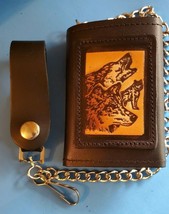 Wolves Genuine Leather Embossed Chain TRI-FOLD Wallet - Made In Usa - £18.66 GBP