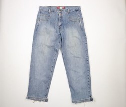 Vintage 90s Guess Jeans Mens 38x32 Thrashed Spell Out Baggy Wide Leg Jeans Blue - £55.35 GBP