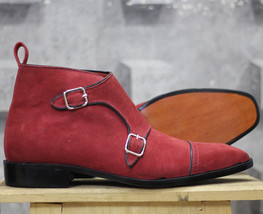 Handmade Men’s Maroon Color Suede Boots, Men Cap Toe Monk Strap Dress Boots - £128.67 GBP+
