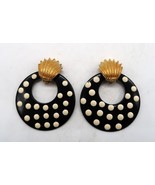 Vtg Polka Dot Black &amp; White Hoops Gold Tone Accent Clip-On Earrings Tota... - $24.99