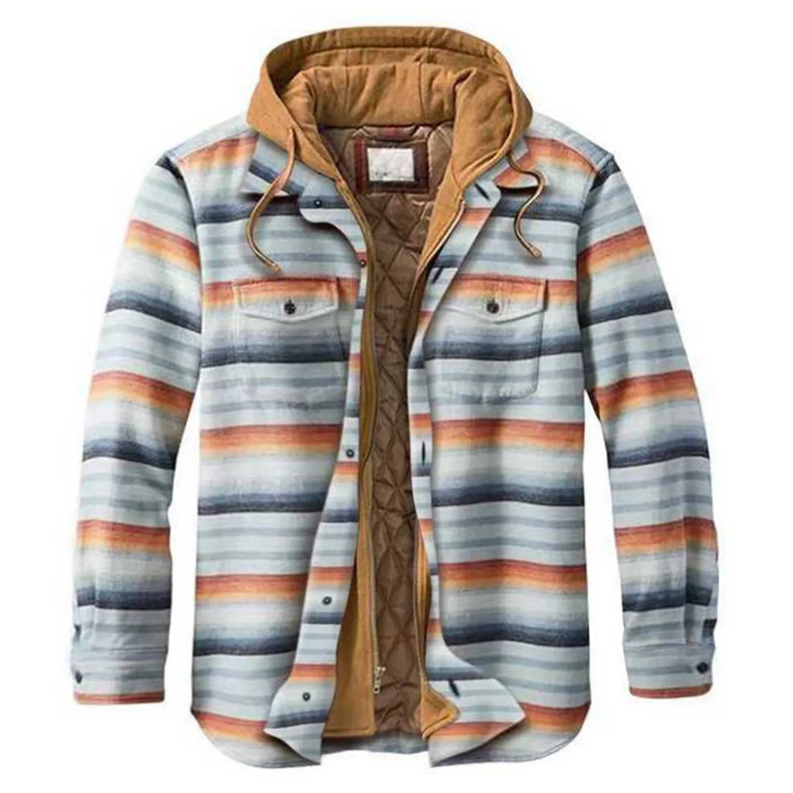 Men&#39;s Hooded Jacket Plaid Lapel Pocket Padded Shirt Tops  New Autumn Winter Thic - £224.11 GBP