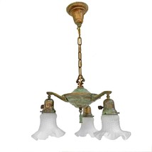 Antique Early 1900s 3 Light Chandelier Beautiful Verdigris Pan Light New... - $257.13