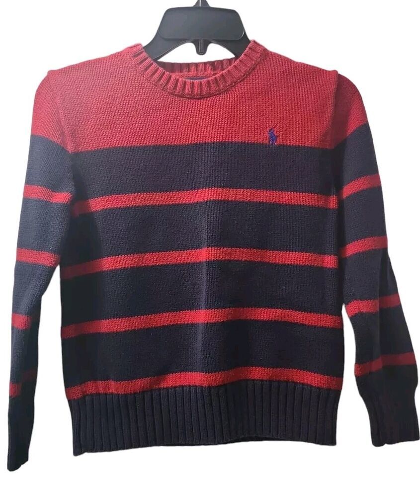 Polo Men Kids Size M (10-12) Vintage Sweater Striped Crewneck Red Navy - £27.60 GBP