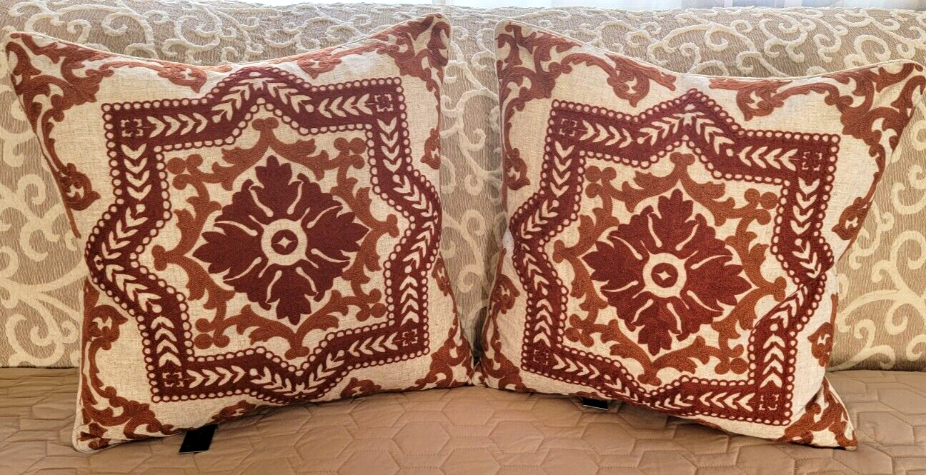 NWT Pair Sheffield Home Decorative Pillows Feather Fill 20x20 Ivory Orange Rust - $35.00