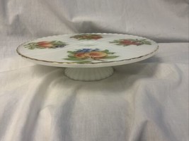 Vintage Milk Glass Cake Stand with Fruit Design Gold Trim 10.25” - £17.58 GBP