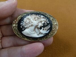 CM24-21) Girls Two SISTERS twins best friends black oval cameo brass PIN... - $26.59