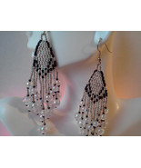 Vintage Earrings Black Silver and Iridescent Opaque Beaded Sewn Long Dan... - £14.94 GBP