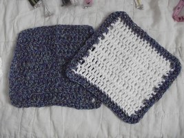 Set Of 2 Hand Crocheted Dish Cloths Blue/Multi Colored And  White Wash Clean - £6.39 GBP