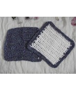SET OF 2 HAND CROCHETED DISH CLOTHS BLUE/MULTI COLORED AND  WHITE WASH C... - £6.32 GBP