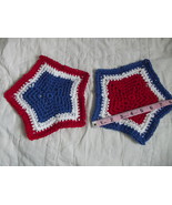 SET OF 2 HAND CROCHETED DISH CLOTHS RED WHITE BLUE STARS CLEAN WASH CLOTH - £7.06 GBP