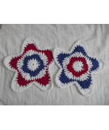 SET OF 2 HAND CROCHETED DISH CLOTHS RED WHITE BLUE STARS CLEAN WASH CLOTH - £7.05 GBP